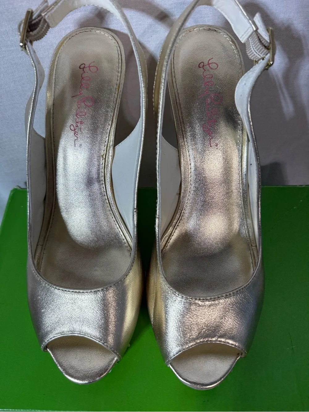 Lilly Pulitzer Gold Peep-Toe Wedge Slingback Sandals Size 9.5